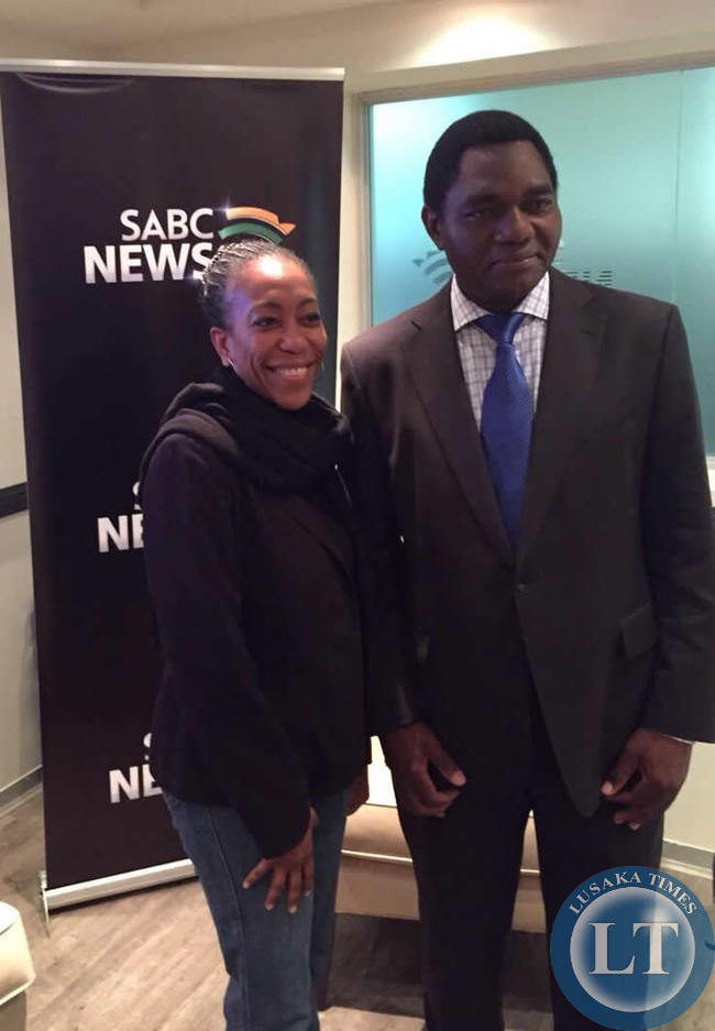 UPND president Hakainde Hichilema and UPND founder Anderson Mazoka's daughter Machenje at the SABC studios