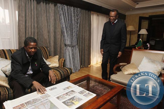 His Excellency Mr. Edgar Chagwa Lungu President of the Republic of Zambia (left) with Zambia's High Commissioner to South Africa Muyeba Chikonde (right) at Sheraton Hotel on Monday, June 22,2015. PICTURE BY SALIM HENRY/STATE HOUSE © 2015