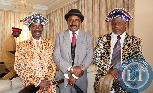 Chief Mumena With Senior Chief Ishiindi right and Chief Ishima Sankeni V1 at Statehouse after Meeting with the President Lungu .pictures by Eddie Mwanaleza/Statehouse.