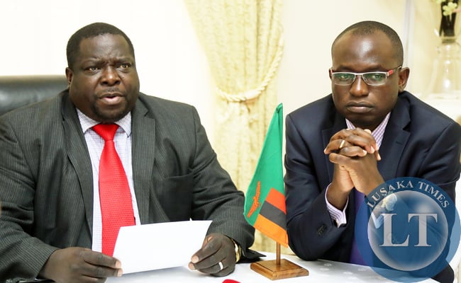 Chishimba Kambwili with Amos Chanda at Statehouse Press Briefing