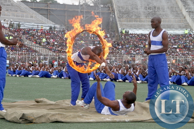 Malawi Police displays their acrobatic skills during th 51st Independence Celebrations at Kamuzu Stadium in Blantyre on July 6,2015 -Picture by THOMAS NSAMA