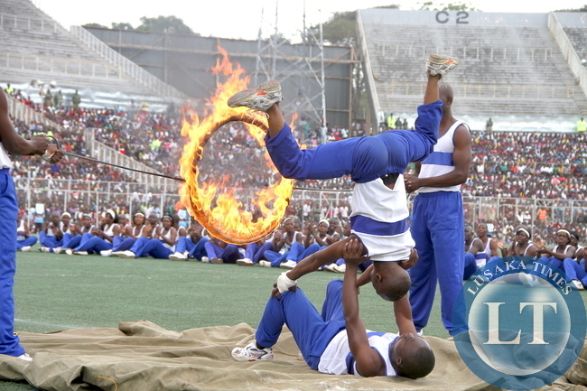 Malawi Police displays their acrobatic skills during th 51st Independence Celebrations at Kamuzu Stadium in Blantyre on July 6,2015 -Picture by THOMAS NSAMA