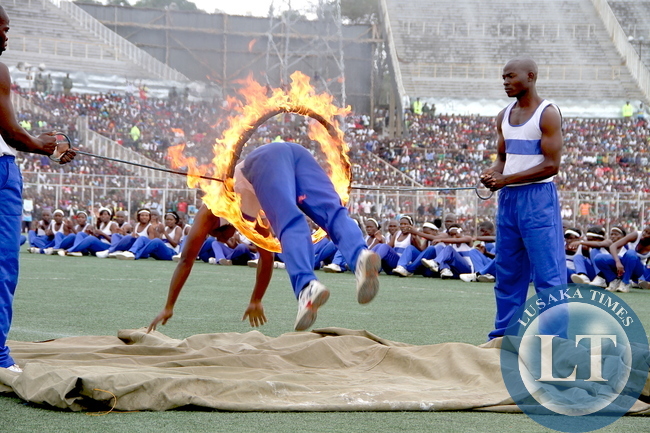 Malawi Police displays their acrobatic skills during th 51st Independence Celebrations at Kamuzu Stadium in Blantyre on July 6,2015 -Picture by THOMAS NSAMA