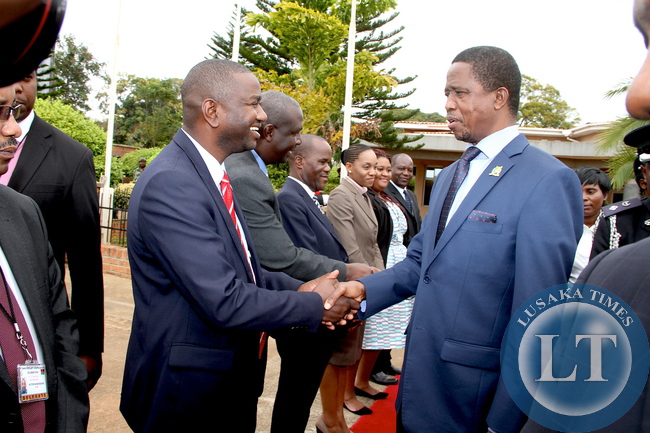 President Edgar Lungu bids farewell to Zambia's deputy Ambassador to Malawi Henry Ngilazi at Chileka International Airport in Blantyre where the Head of State graced Malawi's 51st Independence Celebrations. This was shortly before his departure for Lusaka on July 7,2015 -Picture by THOMAS NSAMA