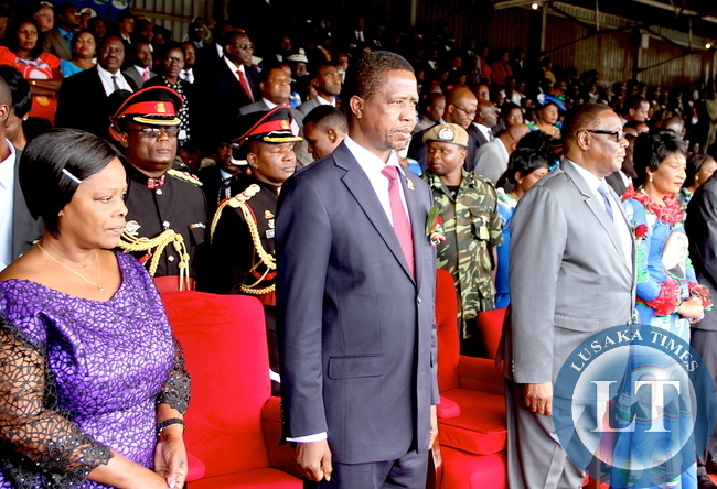 First Lady Esther Lungu, President Edgar Lungu , Malawi's President Peter Mutharika and Malawi First Lady during Malawi's 51st Independence Celebrations at Kamuzu Stadium in Blantyre on July 6,2015 -Picture by THOMAS NSAMA