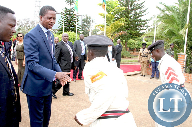 President Edgar Lungu being entertained by Traditional dancers at Chileka International Airport in Blantyre where he graced Malawi's 51st Independence Celebrations. This was shortly before his departure for Lusaka on July 7,2015 -Picture by THOMAS NSAMA