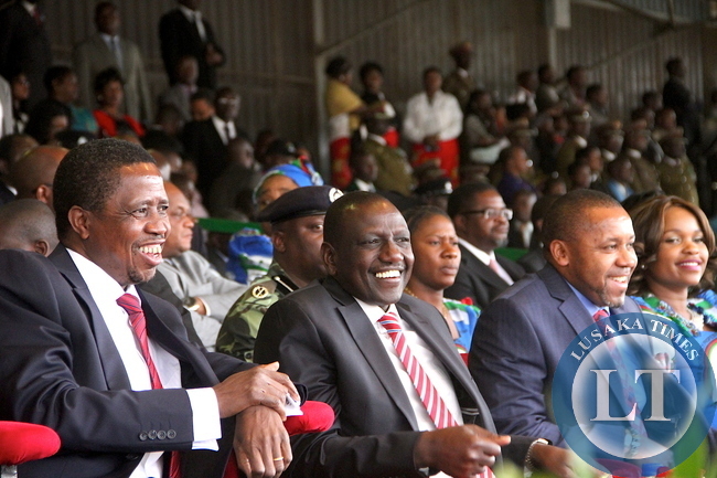 President Lungu and Kenya's deputy President William Ruto during Malawi's 51st Independence Celebrations at Kamuzu Stadium in Blantyre on July 6,2015 -Picture by THOMAS NSAMA