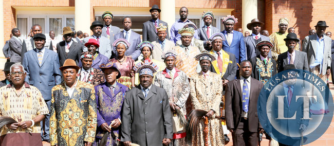 President Edgar Lungu pose for the group Picture with Chiefs From North Western Province at Statehouse on Tuesday 14-07-2015 PICTURES BY EDDIE MWANALEZA/ STATEHOUSE.