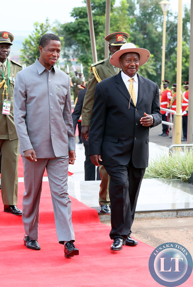 President Lungu with Museveni at Entebbe Statehouse