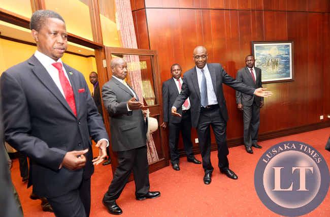 President Edgar Lungu with President Yoweri Museveni arrive at the Bilateral Talks with President Yoweri Museveni Degation at Serina Hotel in Kampala on Friday - Picture by Eddie Mwanaleza /statehouse.