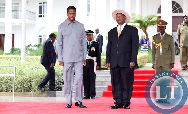 File:President Lungu with President Museveni at Entebbe statehouse