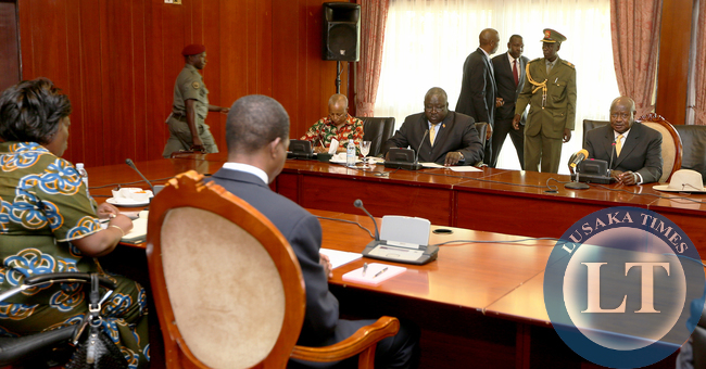 President Edgar Lungu with President Yoweri Museveni during the Bilateral Talks with President Yoweri Museveni at Serina Hotel in Kampala on Friday - Picture by Eddie Mwanaleza /statehouse.