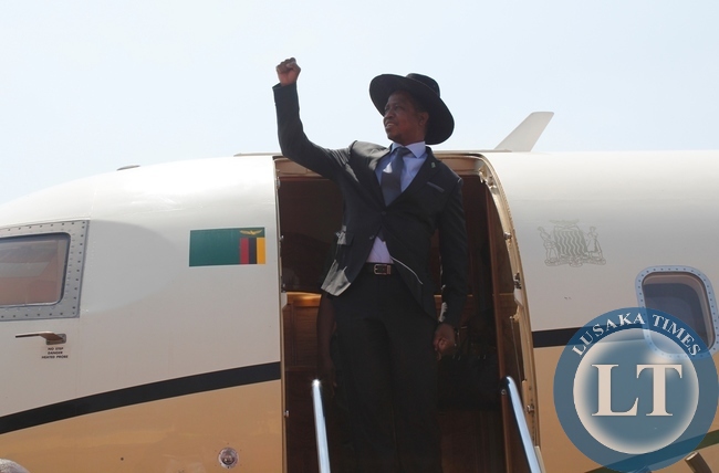 Republican President Edgar Lungu alights from the presidential jet at Samora Machel Airbase in Mbala when he made a stop over from Uganda on his way to Mwansabombwe