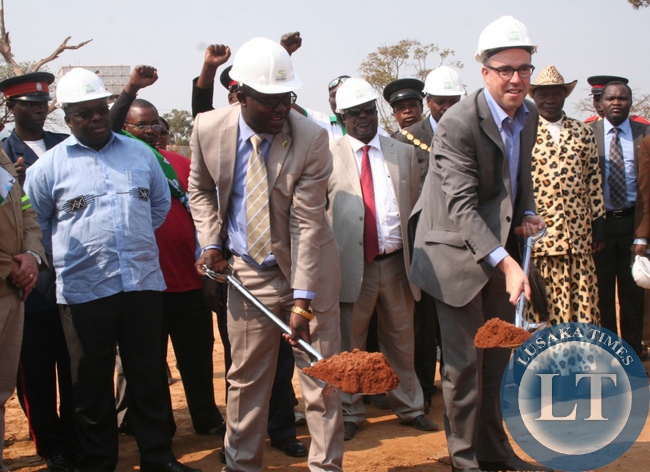 Heriot properties Limited has contracted Thor Development properties to construct Solwezi City shopping Mall at a total cost of US 25million and the project is expected to be completed in June, 2016. Above, North-Western province minister Dawson Kafwaya (second left) and Heriot properties Director Steven Herrings and chief Mulonga (l) during the ground breaking ceremony on Wednesday in Solwezi.