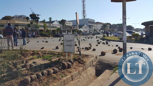 Stones placed by protestors in Livingstone