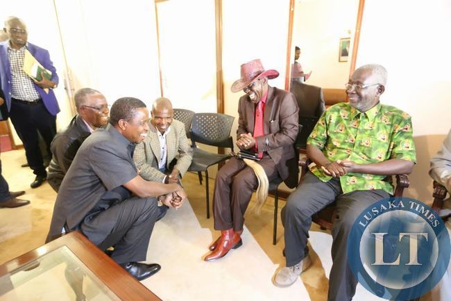 President Lungu greets chief Simamba and Chief Chipepo at Zesco guest house in Siavonga