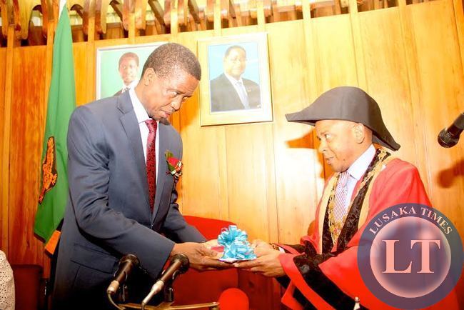 President Edgar Lungu receives a Key of Freedom from Mayor of Blantyre Noel Chalamanda at Civic Centre where he was granted the freedom of the City Status in Malawi on july 6,2015 -Picture by THOMAS NSAMA