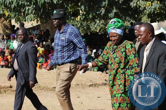 Vice President Inonge Wina (Left) and Minister of Home Affaires Honorable Davies Mwila (Right) walking to the podium for a campaign rally at Chishikishi Primary School in Lumamya ward in Bangweulu Constituency Samfya district