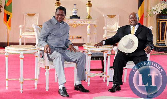 President Lungu with President Museveni at Entebbe Statehouse