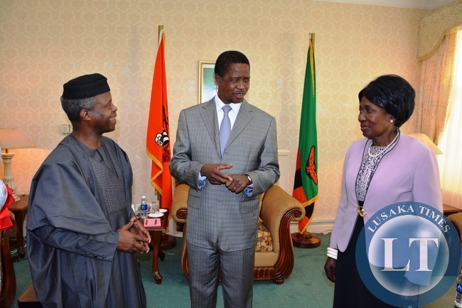 President Edgar Lungu flanked by his Vice President Inonge Wina chats Nigerian Vice President Yemi Osinbajo shortly after Courtesy call at State House President Edgar Lungu flanked by his Vice President Inonge Wina chats Nigerian Vice President Yemi Osinbajo shortly after Courtesy call at State House