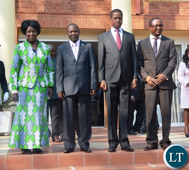 President Edgar Lungu and Vice President Inonge Wina, newly appointed Defence Minister Richwell Siamunene (r) Deputy Minister of Works,Supply and Transport James Kapyanga at State House