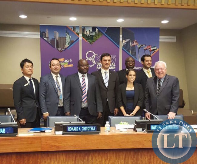 Zambia’s Youth and Sport Deputy Minister Ronald Chitotela (third left) and participants at the Junior Chamber International (JCI) Global Partnership Summit on 30 July, 2015 at the United Nations Headquarters in New York. Photo Courtesy | Mulemwa Moongwa
