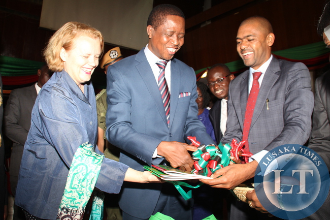 President Lungu,Zambia based UN Resident Coordinator Ms Janet Rogan , and Minister of Youth and Sport Vincent Mwale during the Launch of the 2015 Youth policy and Action plan