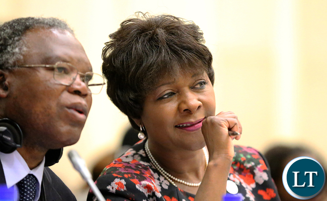 Minister of Commerce, Trade and Industry Margaret Mwanakatwe with Permanent secretary Siazongo Sikalenge at SADC 35th Council Of Ministers meeting in Botswana on Friday Picture By EDDIE MWANALEZA.