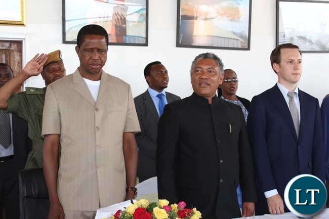 PRESIDENT Edgar Lungu (l), Agriculture Minister Given Lubinda (c) and Yalelo Fresh Zambian Fish Board Chairman Adam Taylor during the official opening of Yalelo Fresh Zambian Fish company at Kamimbi village in Siavonga