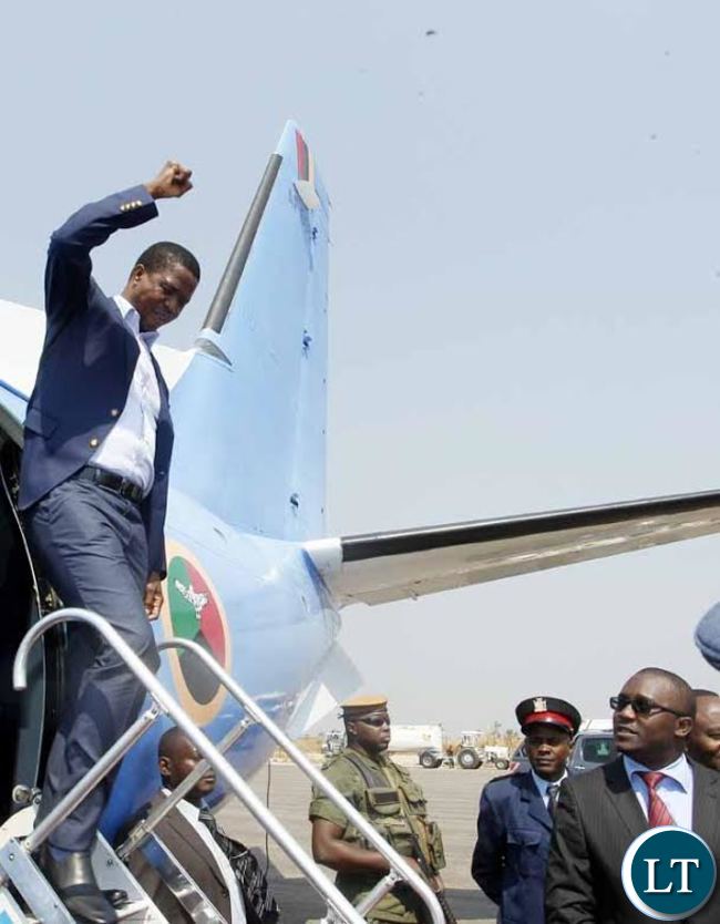 President Edgar Chagwa Lungu (left) waves as he arrives at Solwezi Airport on Friday, August 28,2015. PICTURE BY SALIM HENRY/STATE HOUSE ©2015