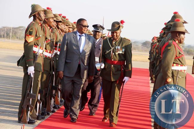MALAWIAN President Peter Mutharika inspects a guard of honour mounted for him on arrival at the Kenneth Kaunda International Airport in Lusaka