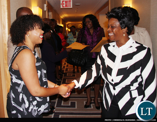 The First Lady of the Republic of Zambia Her Excellency Mrs Esther Lungu on arrival at New York Palace Hotel en route to Dallas Texas for High-Level meetings. Here, the Executive Director of Policy and Monitoring Research Centre (PMRC) Bernadette Deka welcoming Mrs Lungu. PHOTO | CHIBAULA D. SILWAMBA | ZAMBIA UN MISSION