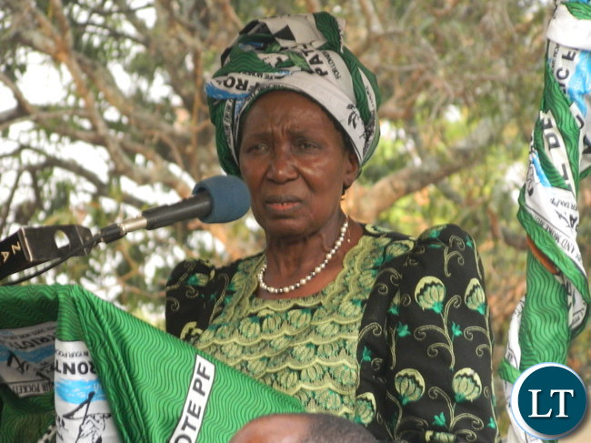 Vice President Inonge Wina addressing a rally at Ipusikilo Primary School ground in Lubansenshi constituency in Luwingu district to drum up support for the PF candidate for the parliamentary by-election, George Mwamba