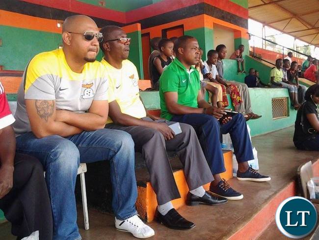 FAZ executive committee member Lee Kawanu with president Kalusha Bwalya at David Kaunda Stadium in Chipata during Airtell Rising Stars Identification programme