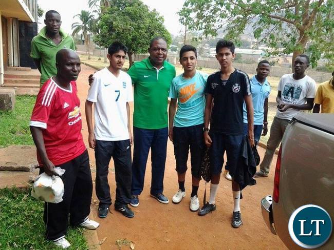 FAZ president Kalusha Bwalya with players at David Kaunda Stadium in Chipata during Airtell Rising Stars Identification programme