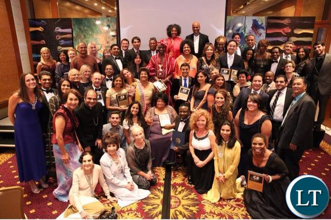 Justina Mutale in a group photos with other distinguished recipients of the Global Officials of Diginity (G.O.D) Awards at the United Nations Headquarters in New York.