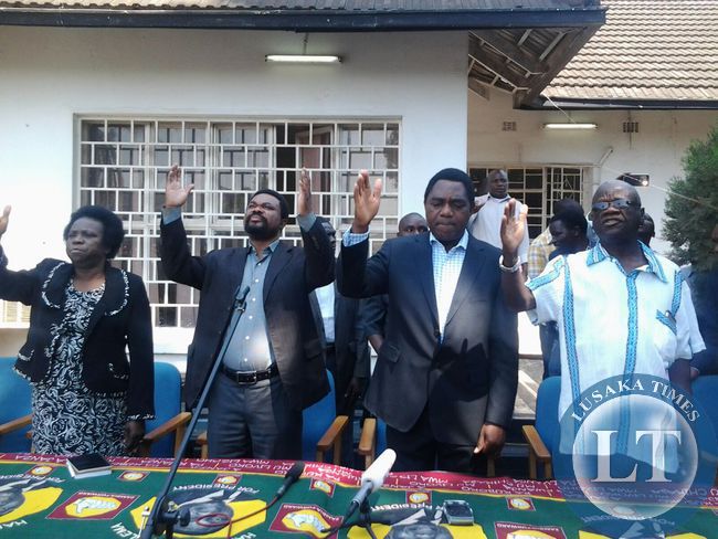 UPND president Hakainde Hichilema with his leadership team at today's news conference