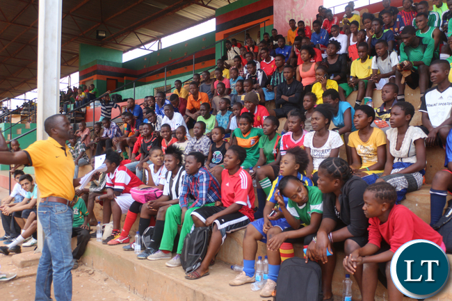 Eastern Province Football Coordinator Sandras Kumwenda addressing Airtel Talent Search hopeful from Eastern Provinces districts: Chadiza, Lundazi, Petauke, Katete, Sinda, Mfuwe, Nyimba and Chipata at Chipata David Kaunda Stadium on Saturday, September 26th.