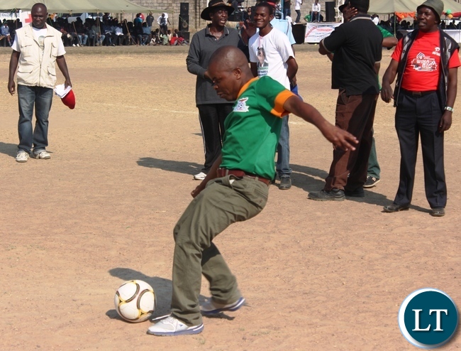 Bwacha Member of Parliament Sydney Mushanga kicks the ball to officially launch the tournament in his constituency.