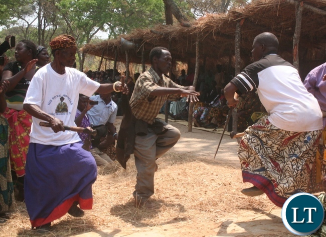 Chief Matebo’s royal family members engage in dancing the song entitled beauty is made and fined locally known as Buya Balatwa during the Kuvuluka Kishakulu tradition ceremony at chief Matebo’s grounds in Solwezi