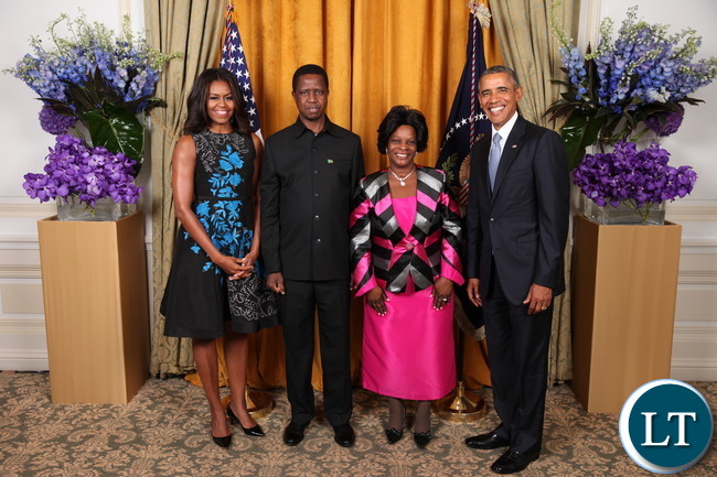 President Barack Obama and First Lady Michelle Obama greet His Excellency Edgar Chagwa Lungu, The President of the Republic of Zambia, And Mrs. Lungu during the United Nations General Assembly reception at the New York Palace Hotel in New York, N.Y., Sept. 28, 2015. (Official White House Photo by Lawrence Jackson)