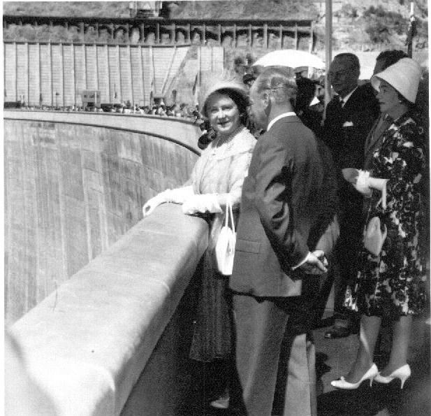 Sir Duncan with Her Majesty Queen Elizabeth the Queen Mother at the official opening of the Kariba Dam. Tuesday 17th May 1960.