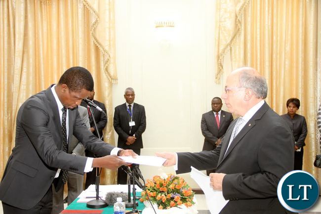President Lungu receives credentials from Greece ambassador to Zambia Leonidas Contovounesios (R) at State House on Thursday, September 17,2015 -Picture by THOMAS NSAMA