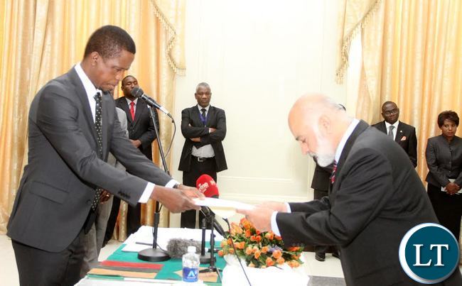 President Lungu receives credentials from Pakistan Ambassador to Zambia Asaf Khan (R) at State House on Thursday, September 17,2015 -Picture by THOMAS NSAMA