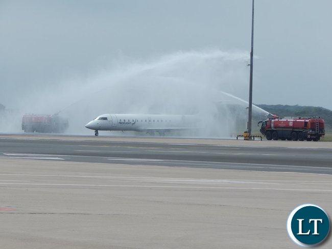 m_DSCN1530 The inaugural Proflight Zambia flight from Lusaka to Durban receives a Water Canon Salute when the plane arrived at King Shaka International Airport in Durban on Monday, 21st September, 2015. PICTURE BY NICKY SHABOLYO