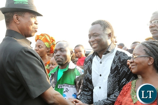 PRESIDENT Edgar Lungu is welcomed by Richard Kapita at Solwezi Airport
