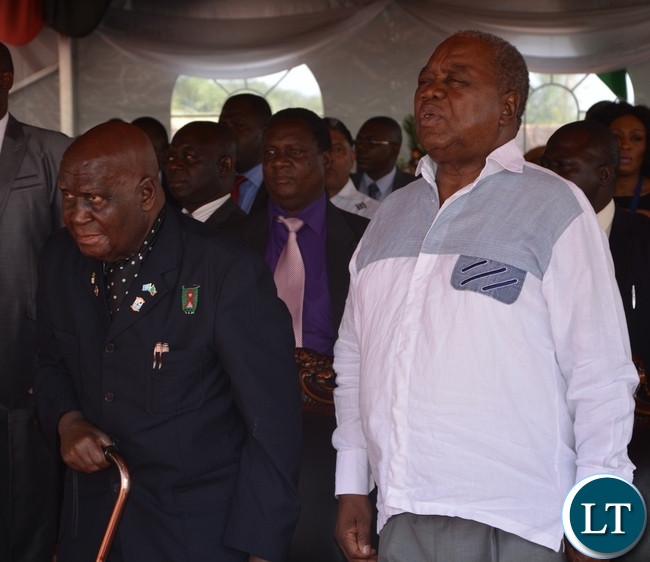 First President of Zambia Kenneth Kaunda and Fourth president Rupiya Banda joined the church service at the ground breaking ceremony for new cathedral and interdenominational thanksgiving church service for Zambias 51st independence anniversary yesterday, 25-10-2015. Picture by Ennie Kishiki/ZANIS.