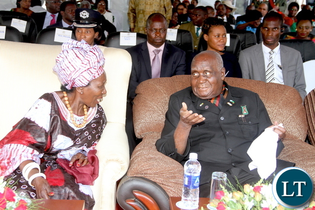 First Republican President Dr Kenneth Kaunda speaks with Vice-President Inonge Wina during Zambia's 51st Independence anniversary Celebrations at Heroes Stadium on Saturday, October 24,2015 -Picture by THOMAS NSAMA First Republican President Dr Kenneth Kaunda speaks with Vice-President Inonge Wina during Zambia's 51st Independence anniversary Celebrations at Heroes Stadium on Saturday, October 24,2015 -Picture by THOMAS NSAMA