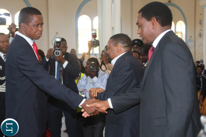 President Lungu greets UPND president Hakainde Hichilema during the memorial service of the Late President Michael Chilufya Sata at St Ignatius Catholic Church in Lusaka President Lungu greets UPND president Hakainde Hichilema during the memorial service of the Late President Michael Chilufya Sata at St Ignatius Catholic Church in Lusaka