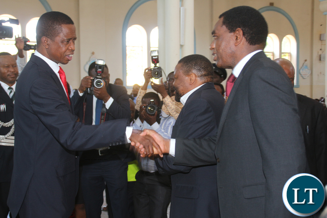 President Lungu greets UPND president Hakainde Hichilema during the memorial service of the Late President Michael Chilufya Sata at St Ignatius Catholic Church in Lusaka President Lungu greets UPND president Hakainde Hichilema during the memorial service of the Late President Michael Chilufya Sata at St Ignatius Catholic Church in Lusaka